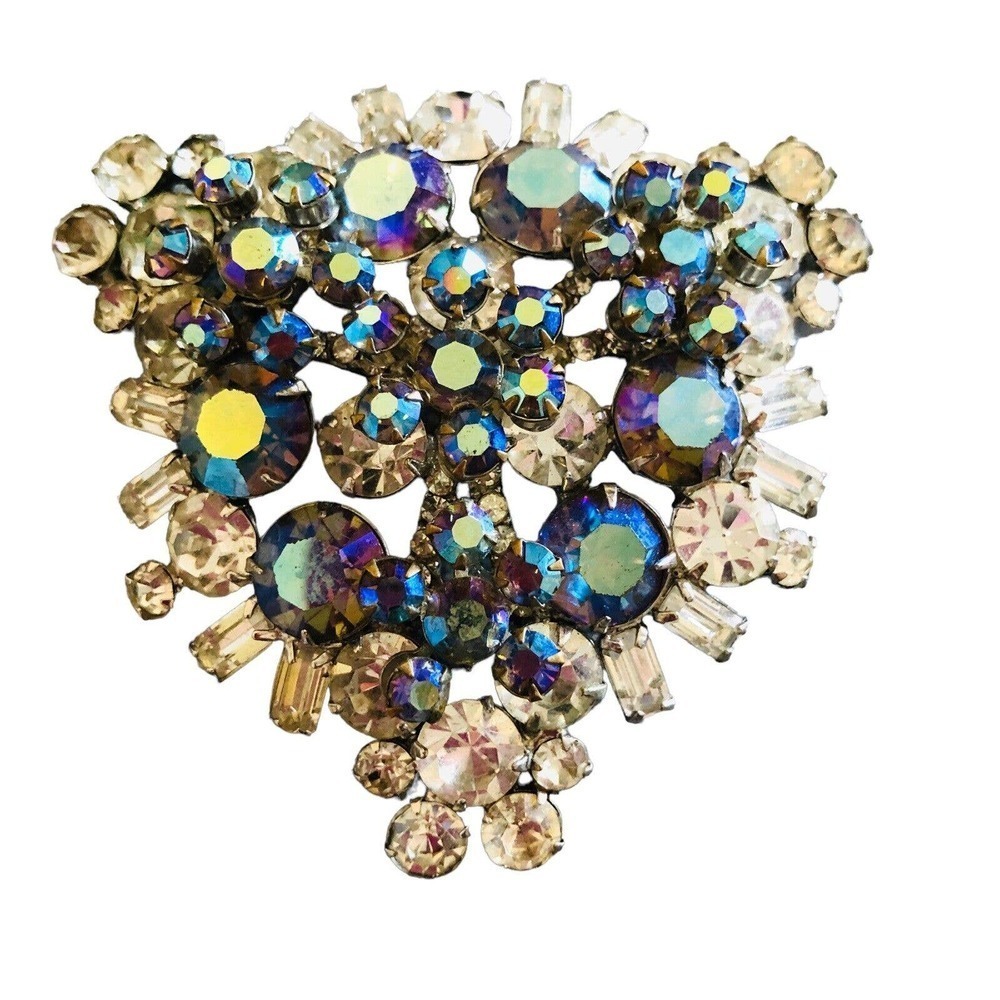 JULIANA D & E Clear Crystal Blue AURORA BOREALIS RHINESTONE XL BROOCH Vintage